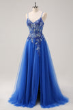 Royal Blue A-Line Spaghetti Straps Corset Tulle Prom Dress With Appliques