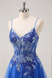 Royal Blue A-Line Spaghetti Straps Corset Tulle Prom Dress With Appliques