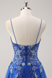Royal Blue A-Line Spaghetti Straps Corset Tulle Prom Dress With Appliques