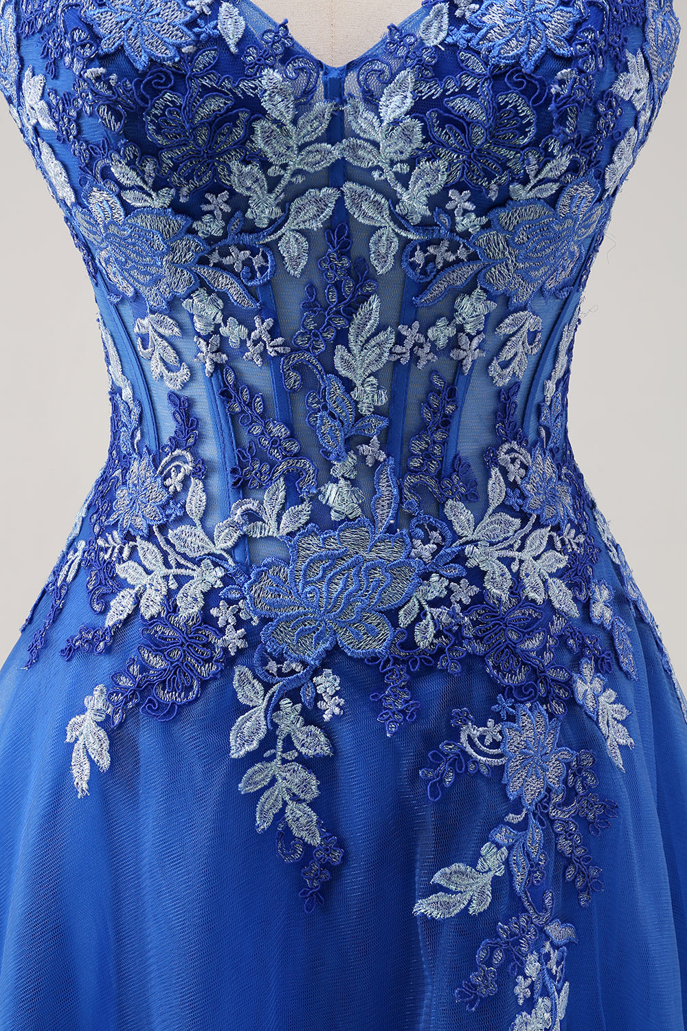 Royal Blue A-Line Spaghetti Straps Corset Tulle Prom Dress With Appliques