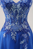 Royal Blue A-Line Spaghetti Straps Corset Tulle Prom Dress With Appliques