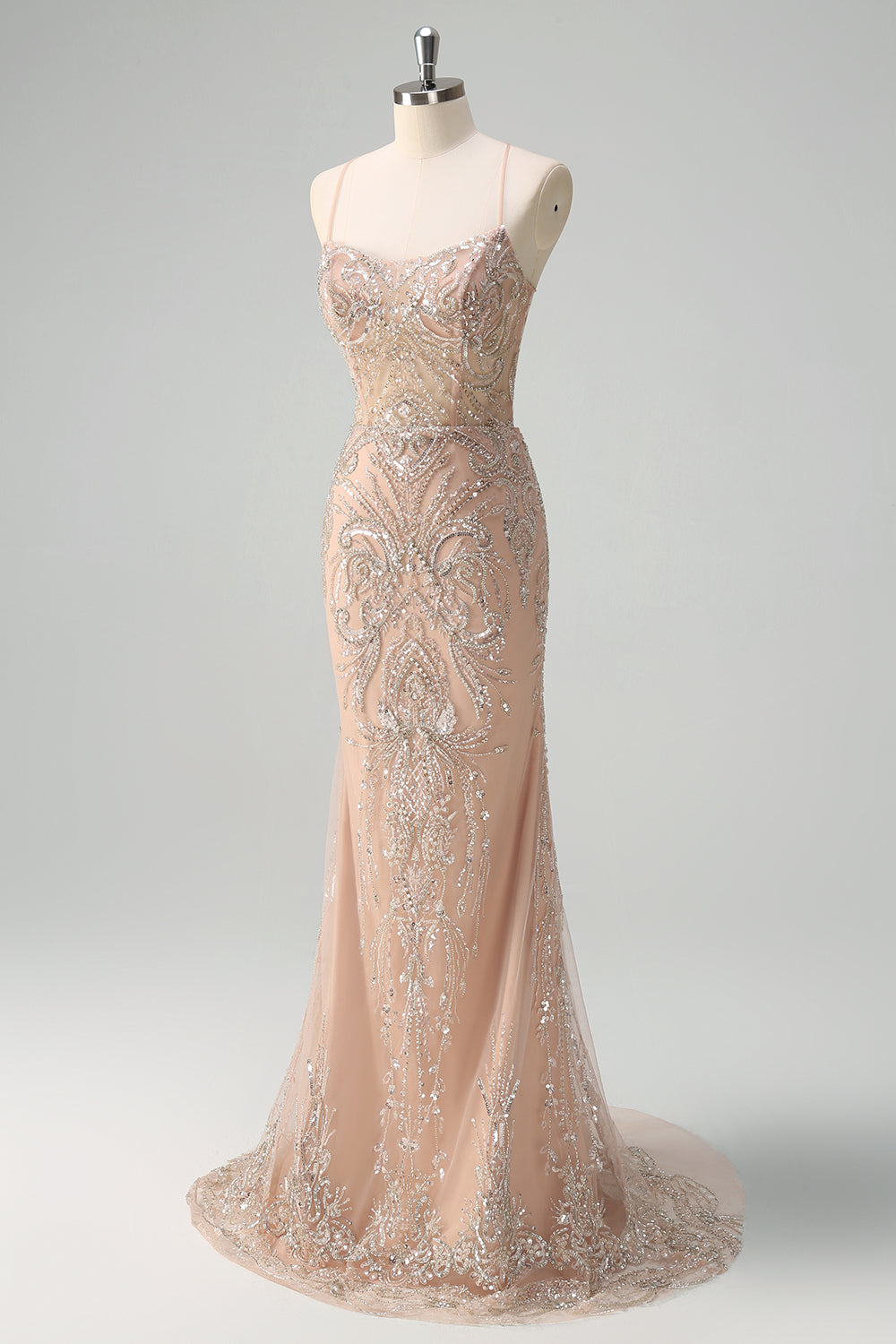 Sparkly Champagne Mermaid Spaghetti Straps Corset Long Prom Dress
