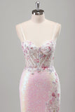 Sparkly Pink Mermaid Corset Flowers Sequins Long Prom Dress with Slit