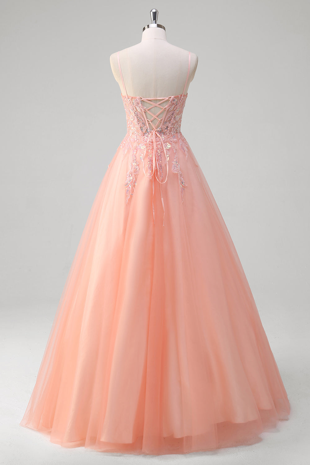 Sparkly Peach A-Line Corset Tulle Long Prom Dress with Beaded