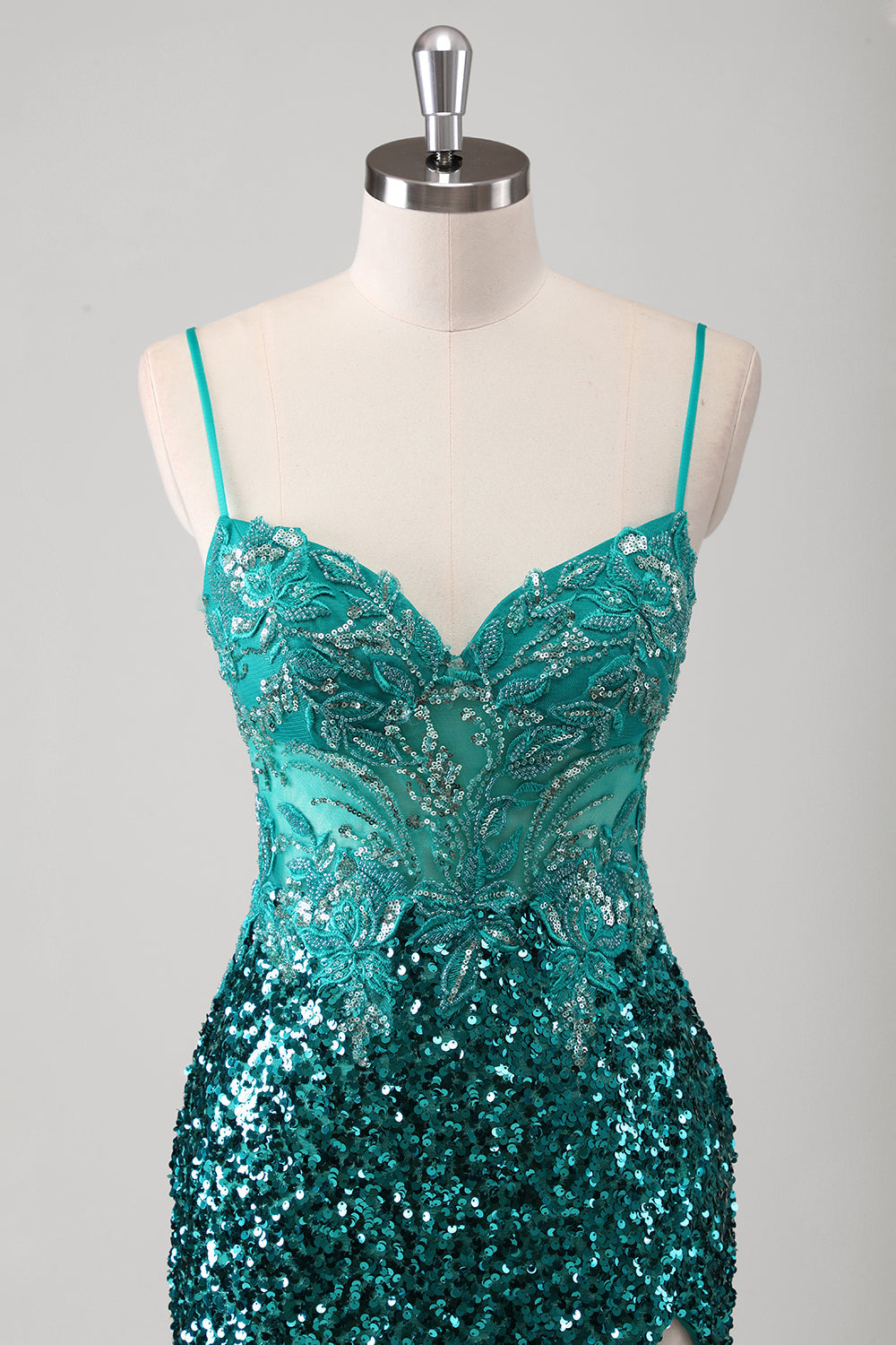 Peacock Green Mermaid Spaghetti Straps Long Prom Dress With Sequins