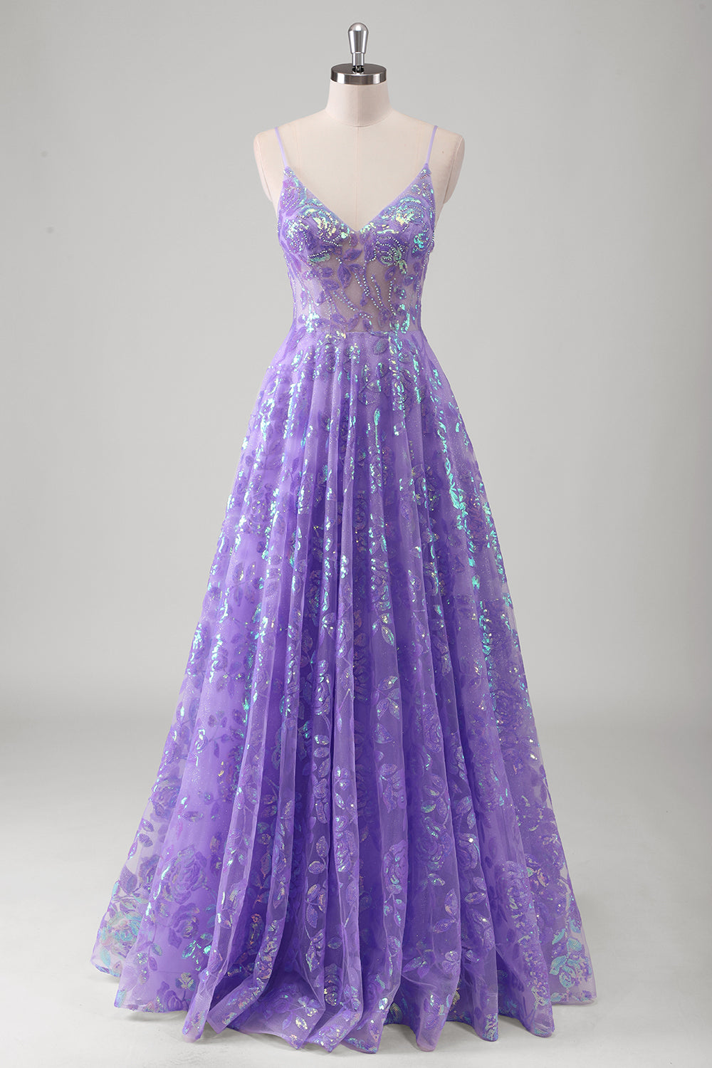 Purple A Line Spaghetti Straps Printed Long Prom Dress With Sequins