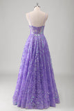 Purple A Line Spaghetti Straps Printed Long Prom Dress With Sequins
