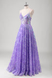 Purple A Line Spaghetti Straps Printed Long Prom Dress With Sequins