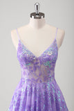 Purple A Line Spaghetti Straps Printed Long Prom Dress With Sequins