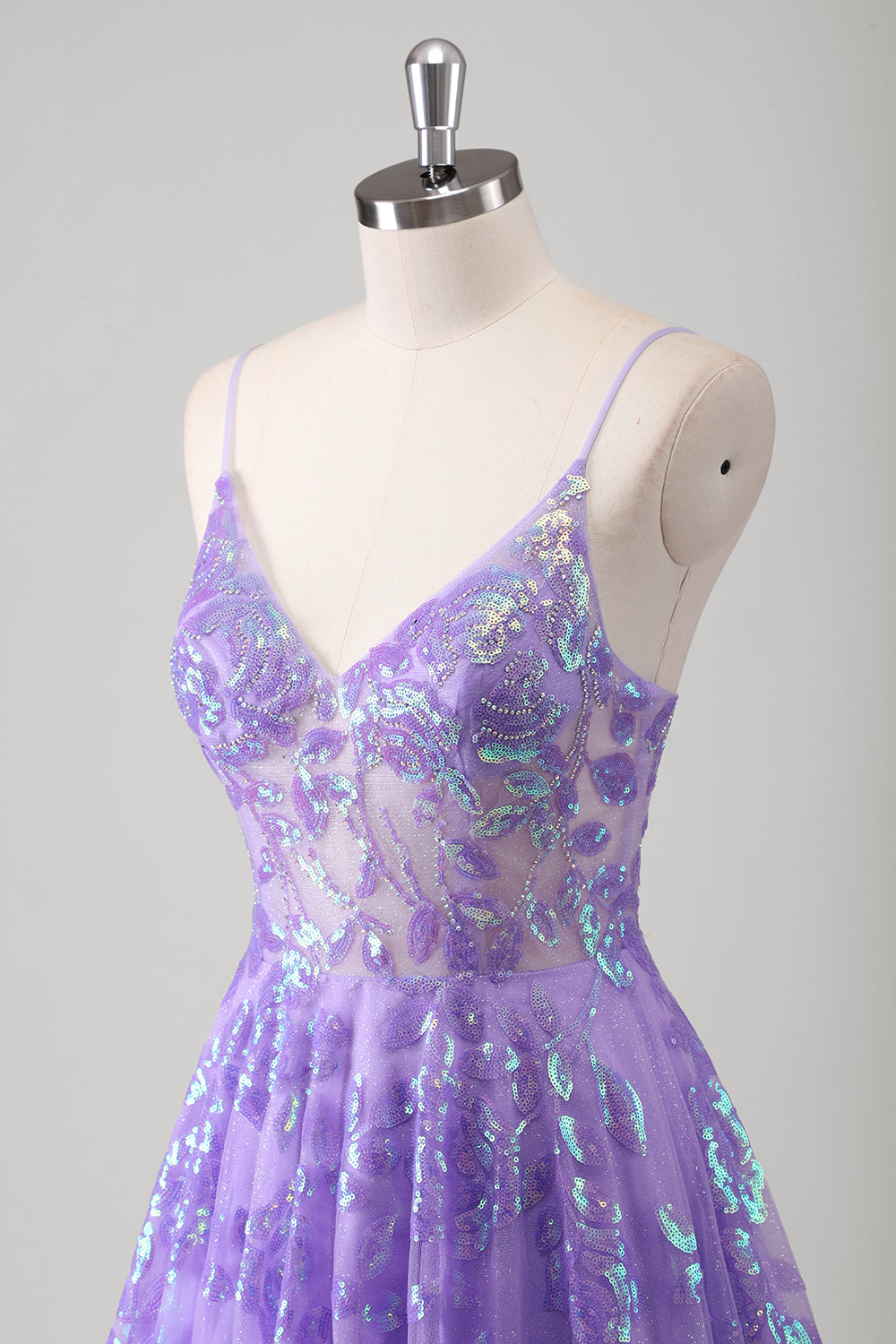 Purple A Line Spaghetti Straps Printed Long Prom Dress With Sequins
