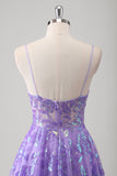 Purple A Line Spaghetti Straps Printed Long Prom Dress With Sequins