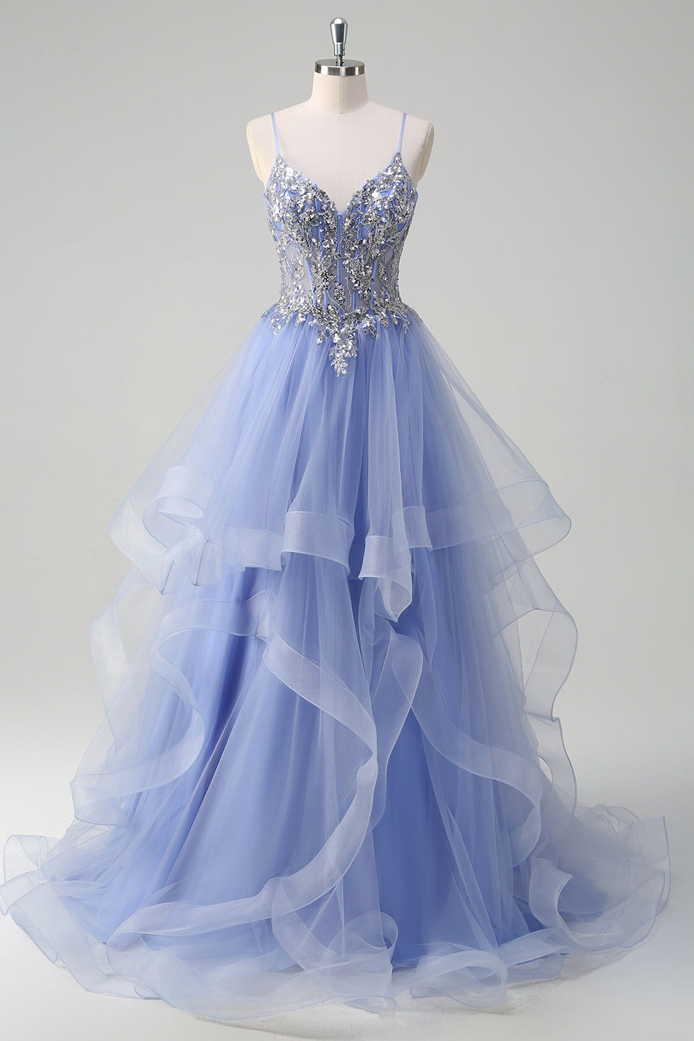 Sparkly Light Blue A Line Sequins Long Prom Dress with Spiral Ruffles