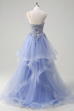 Sparkly Light Blue A Line Sequins Long Prom Dress with Spiral Ruffles