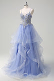 Sparkly Light Blue A Line Sequins Long Prom Dress with Spiral Ruffles