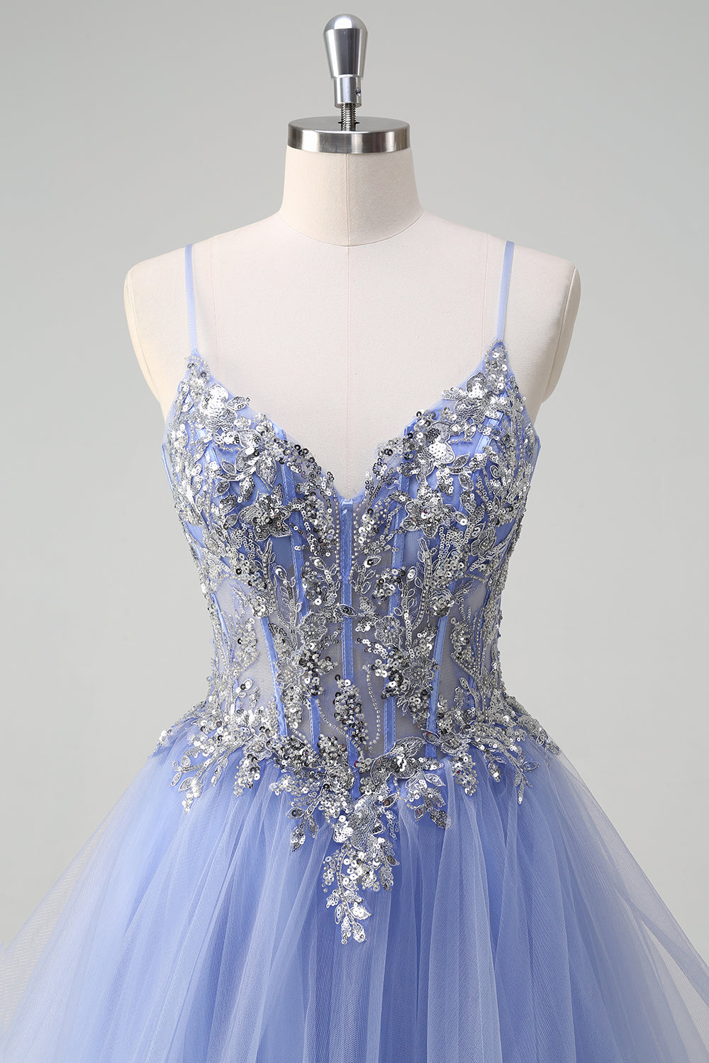 Sparkly Light Blue A Line Sequins Long Prom Dress with Spiral Ruffles