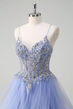 Sparkly Light Blue A Line Sequins Long Prom Dress with Spiral Ruffles