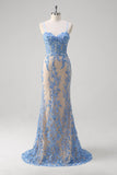 Blue Mermaid Spaghetti Straps Corset Long Prom Dress with Sequins