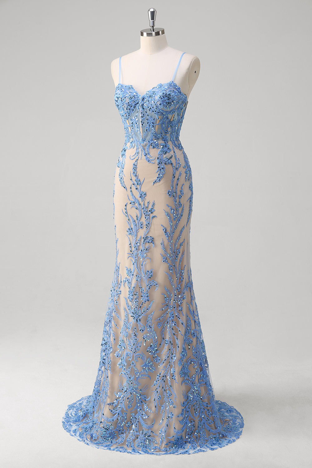 Blue Mermaid Spaghetti Straps Corset Long Prom Dress with Sequins