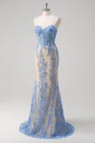 Blue Mermaid Spaghetti Straps Corset Long Prom Dress with Sequins