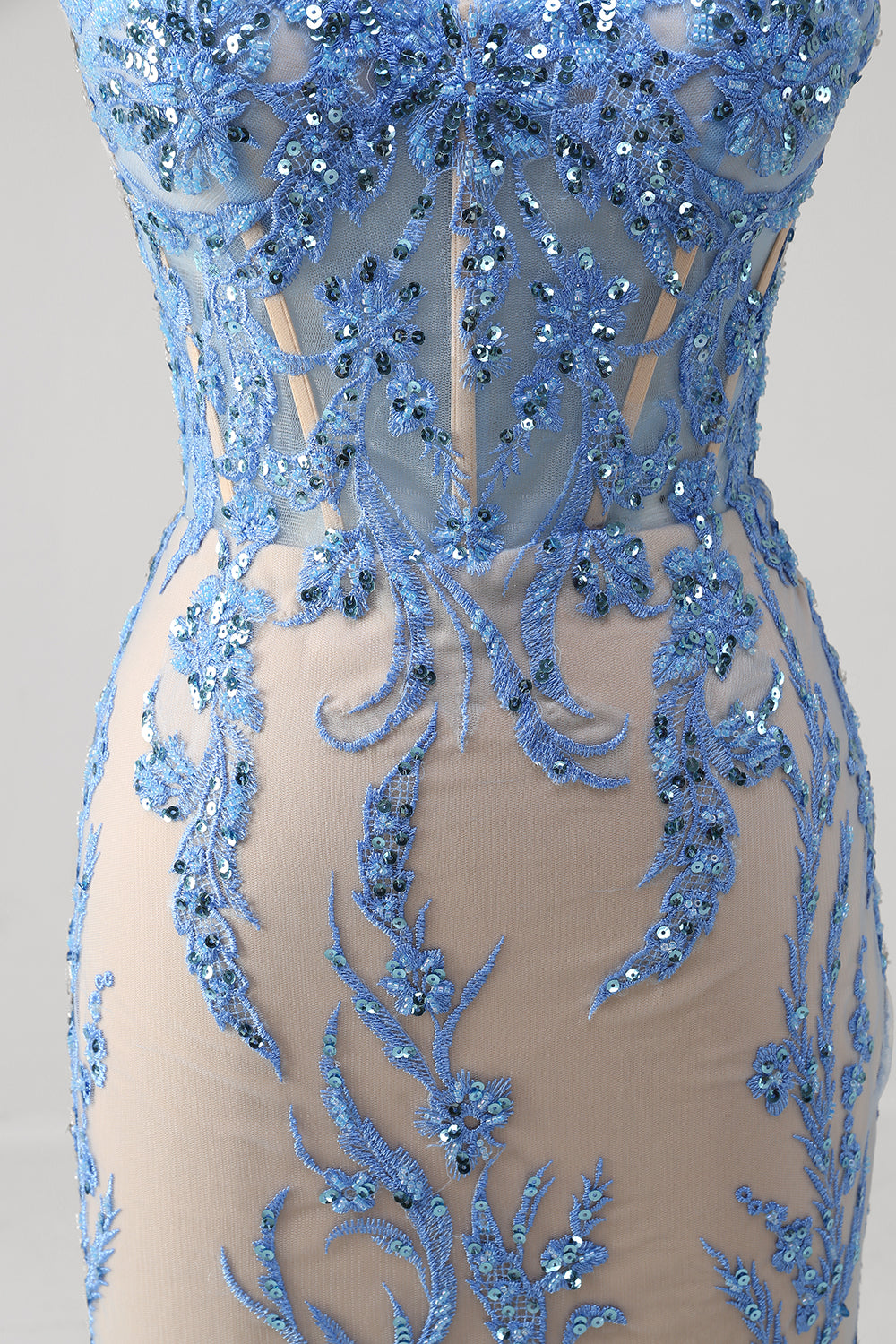 Blue Mermaid Spaghetti Straps Corset Long Prom Dress with Sequins
