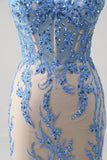 Blue Mermaid Spaghetti Straps Corset Long Prom Dress with Sequins