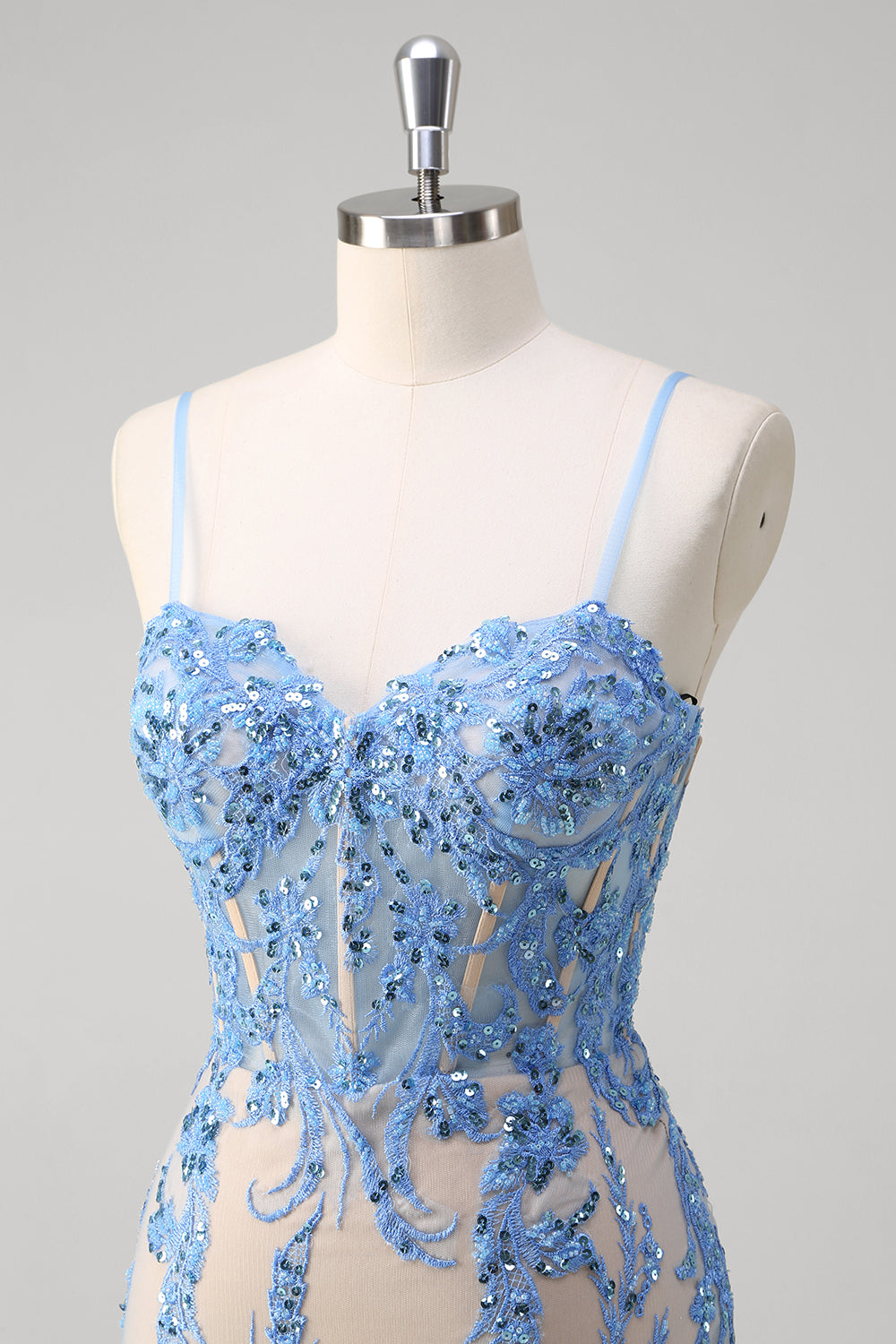 Blue Mermaid Spaghetti Straps Corset Long Prom Dress with Sequins