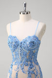 Blue Mermaid Spaghetti Straps Corset Long Prom Dress with Sequins