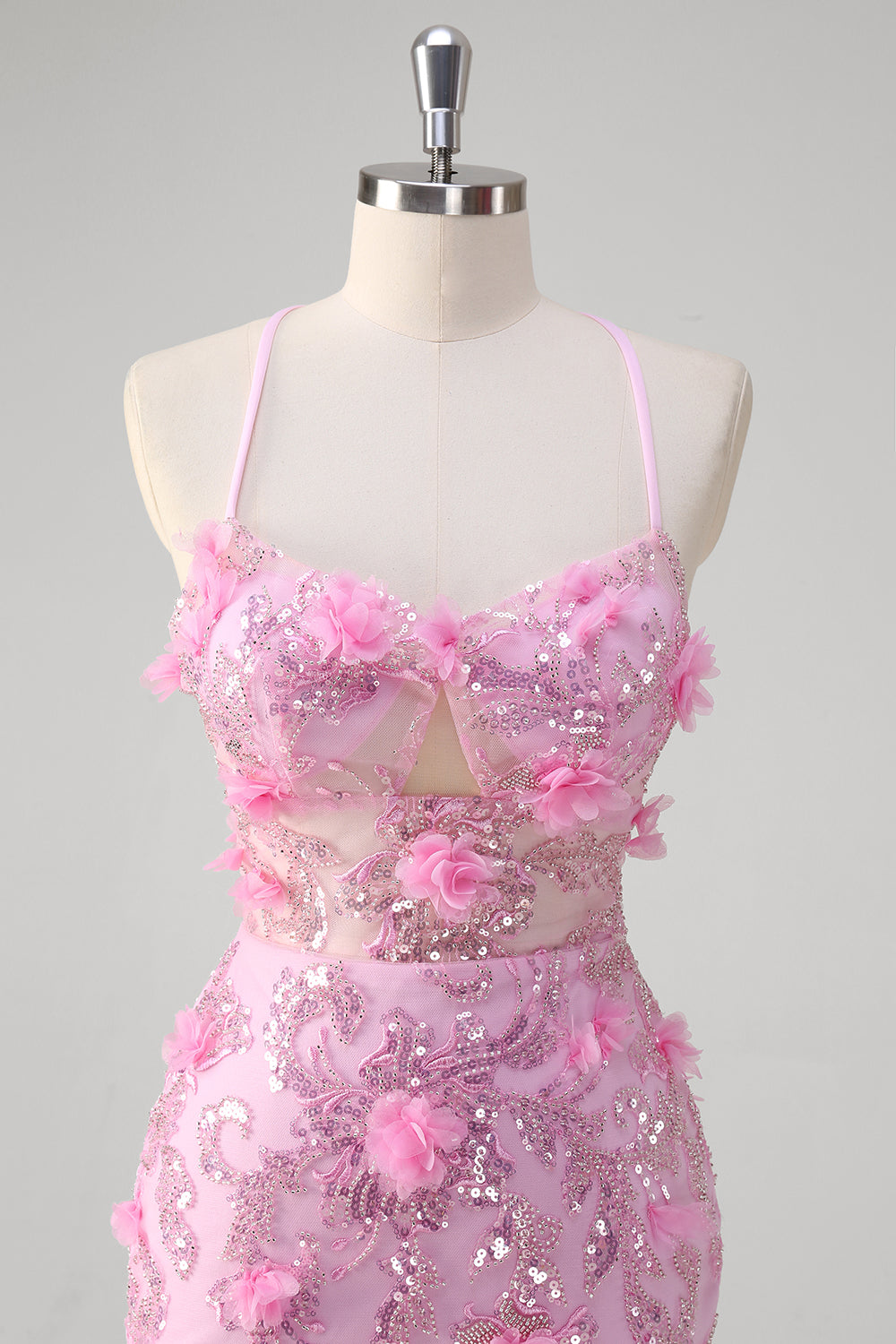Pink Mermaid Spaghetti Straps Sequin Prom Dress With 3D Flowers