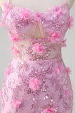 Pink Mermaid Spaghetti Straps Sequin Prom Dress With 3D Flowers