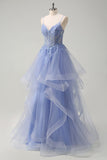 Dusty Blue A Line Spaghetti Straps Corset Spiral Ruffles Long Prom Dress