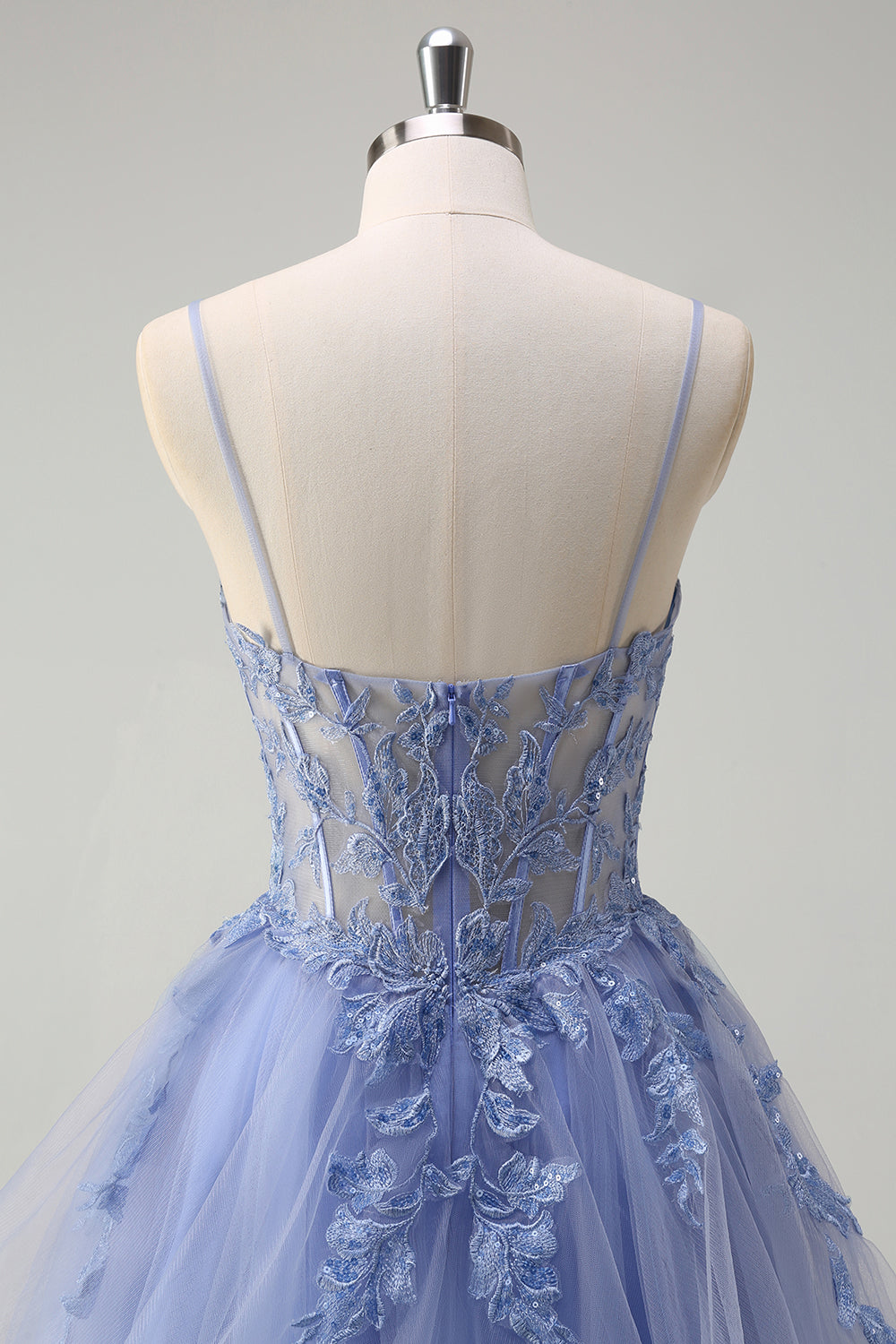 Dusty Blue A Line Spaghetti Straps Corset Spiral Ruffles Long Prom Dress