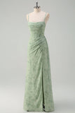 Dusty Sage Sheath Corset Floral Long Prom Dress with Slit