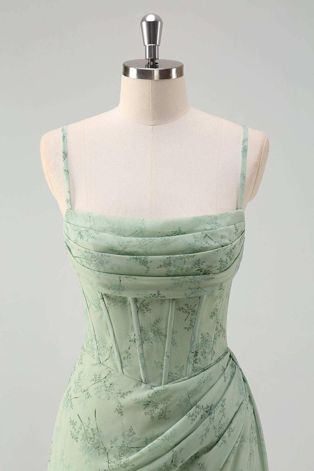 Dusty Sage Sheath Corset Floral Long Prom Dress with Slit