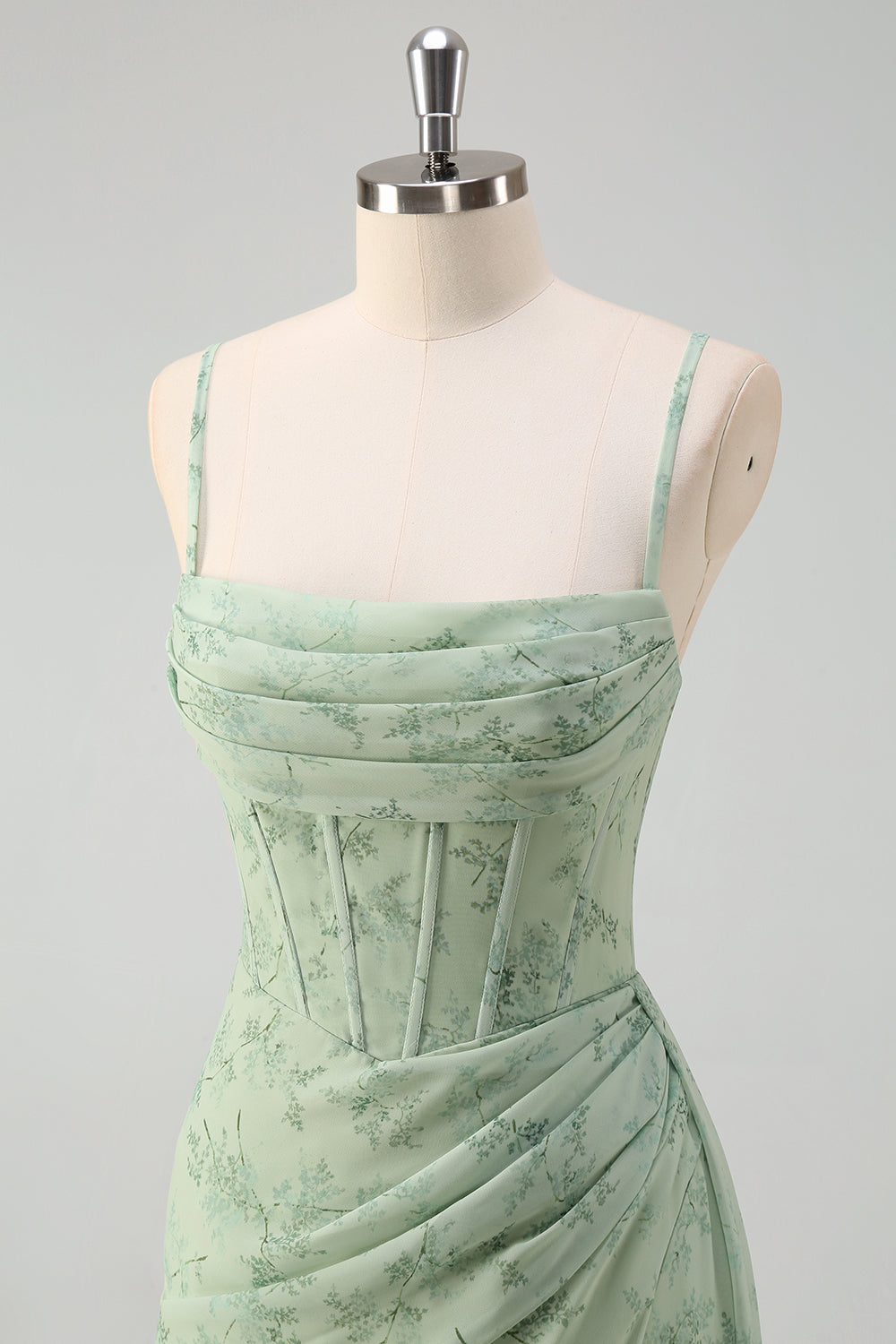 Dusty Sage Sheath Corset Floral Long Prom Dress with Slit