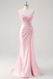 Pink Mermaid Spaghetti Straps Corset Floral Prom Dress with Slit
