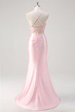 Pink Mermaid Spaghetti Straps Corset Floral Prom Dress with Slit