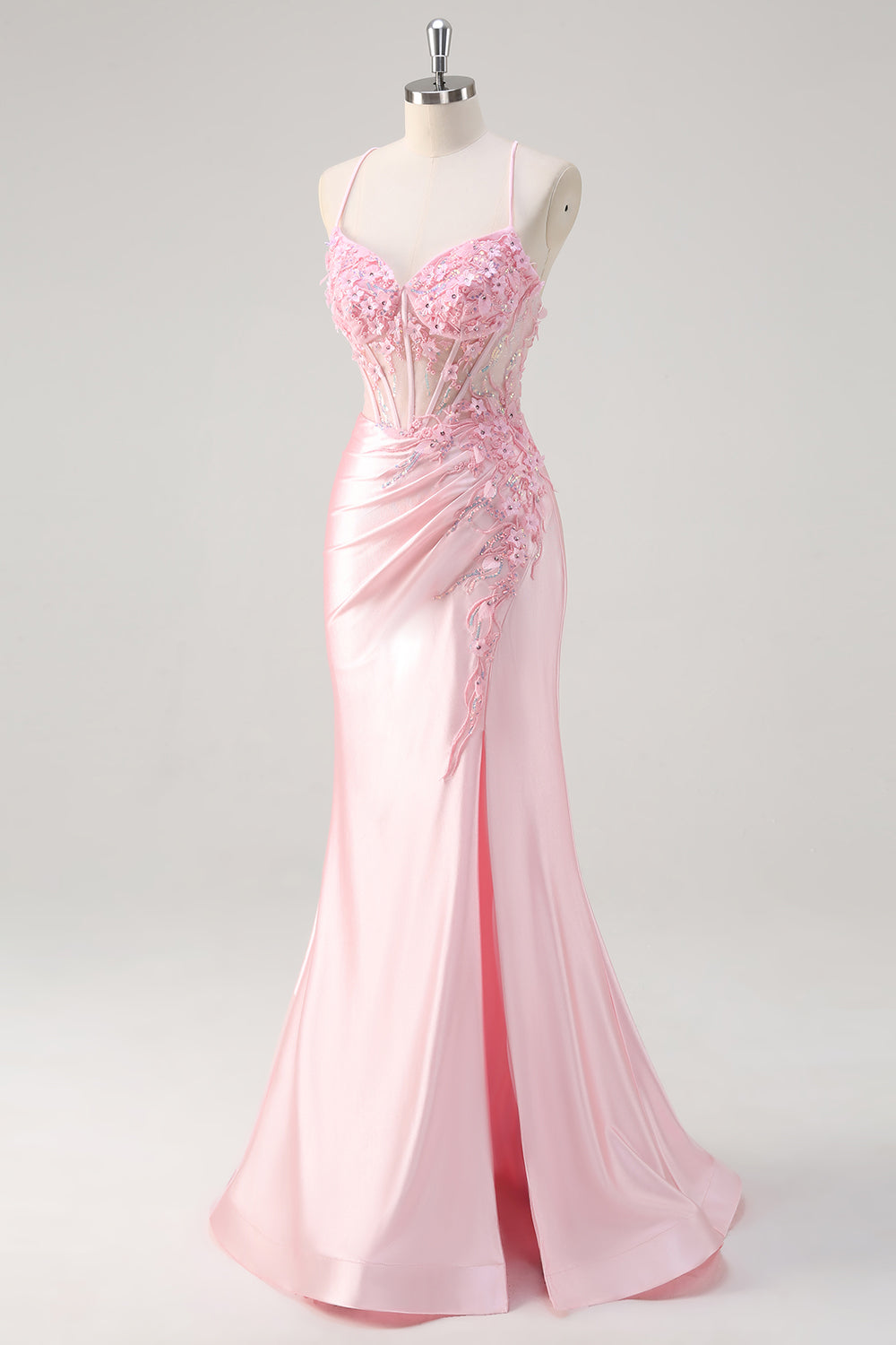 Pink Mermaid Spaghetti Straps Corset Floral Prom Dress with Slit