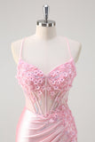 Pink Mermaid Spaghetti Straps Corset Floral Prom Dress with Slit
