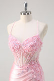Pink Mermaid Spaghetti Straps Corset Floral Prom Dress with Slit