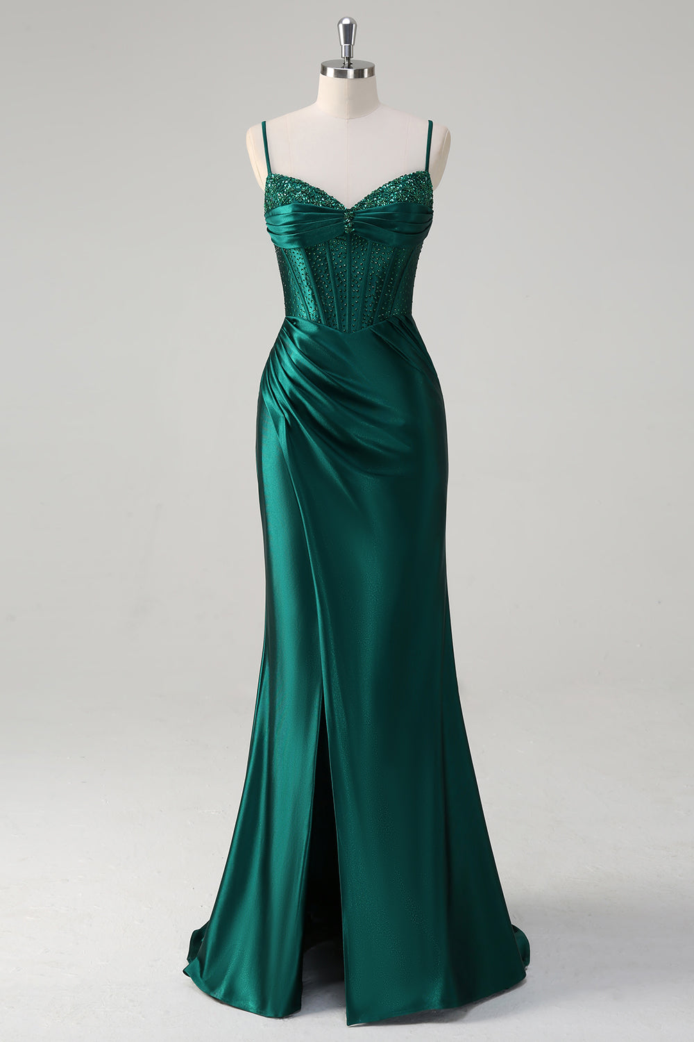 Mermaid Corset Beaded Dark Green Long Prom Dress with Slit