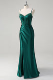 Mermaid Corset Beaded Dark Green Long Prom Dress with Slit