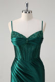 Mermaid Corset Beaded Dark Green Long Prom Dress with Slit