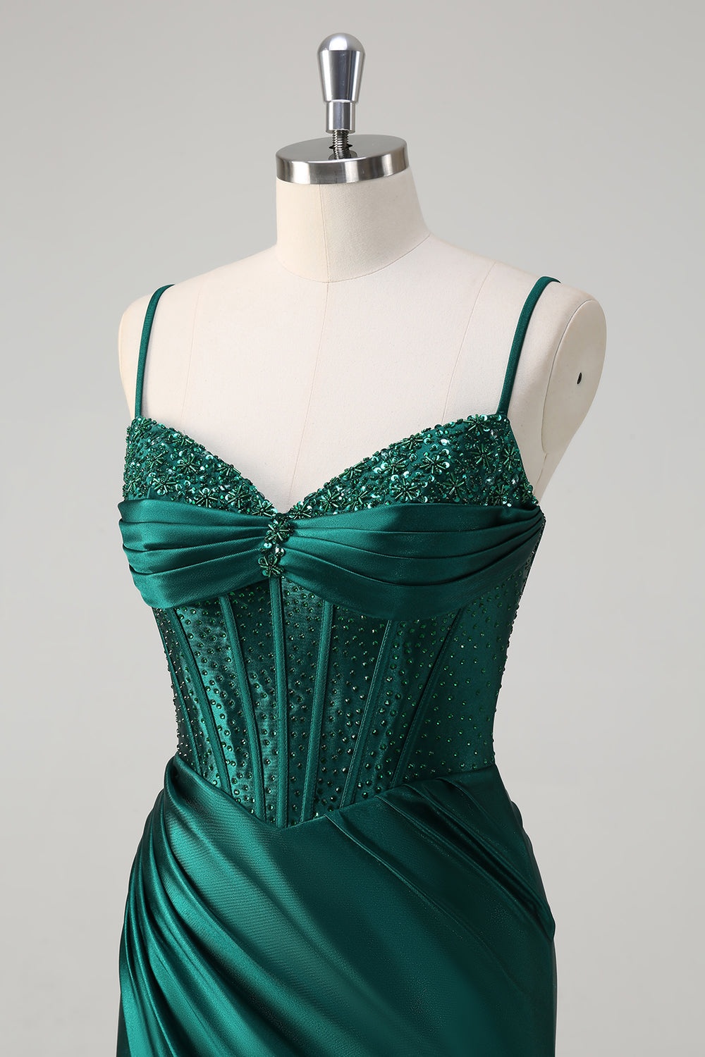 Mermaid Corset Beaded Dark Green Long Prom Dress with Slit