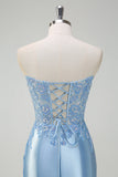 Light Blue Mermaid Strapless Corset Sequin Satin Prom Dress with Slit