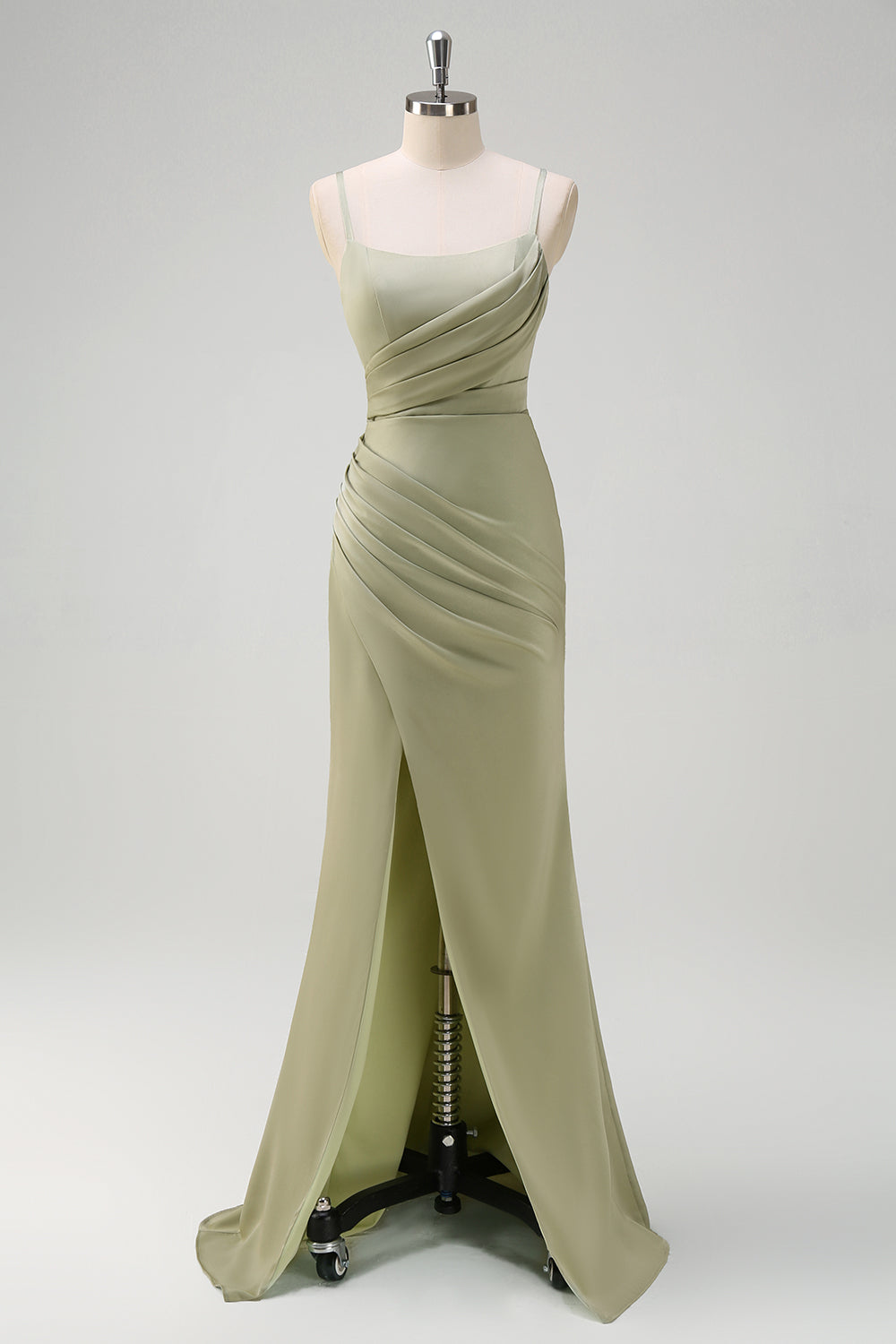 Sage Mermaid Ruched Satin Long Bridesmaid Dress with Slit