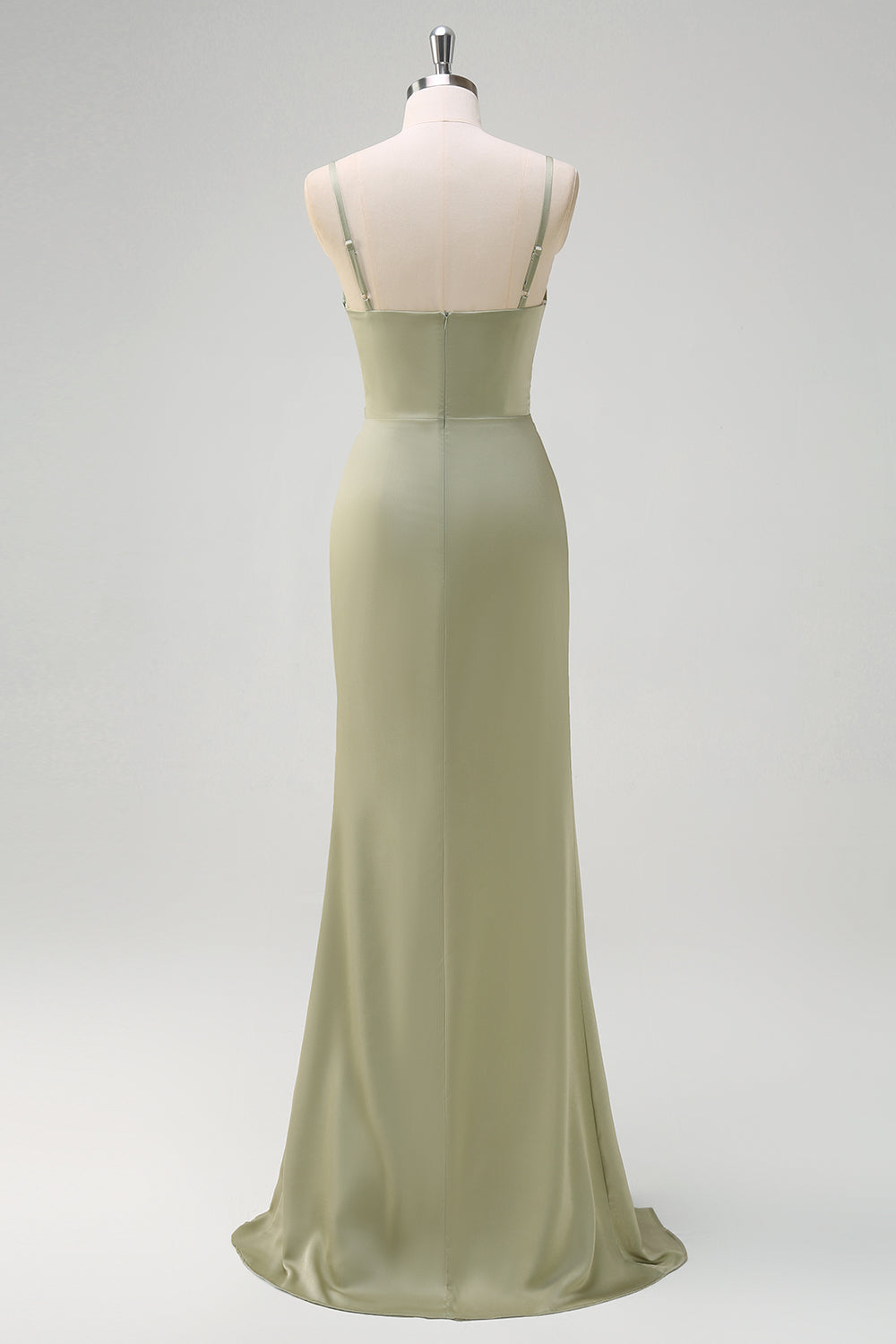 Sage Mermaid Ruched Satin Long Bridesmaid Dress with Slit