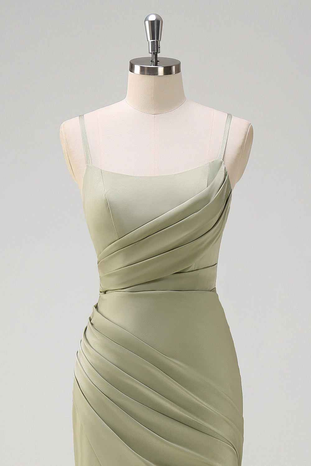 Sage Mermaid Ruched Satin Long Bridesmaid Dress with Slit