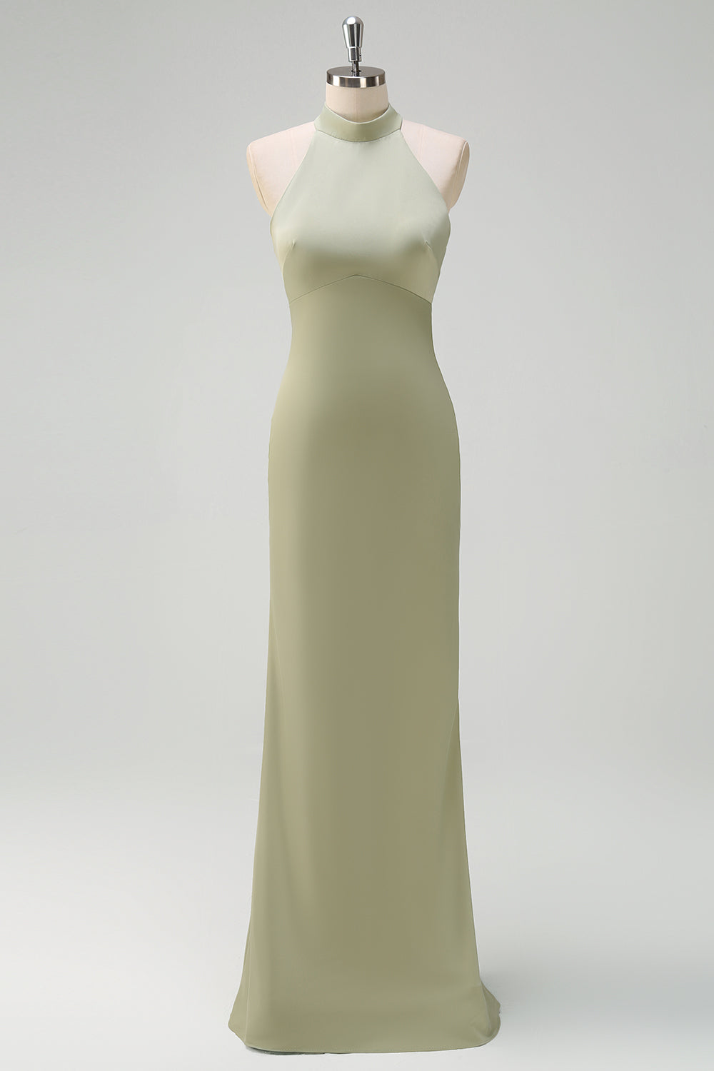 Elegant Sage Mermaid High Neck Satin Bridesmaid Dress