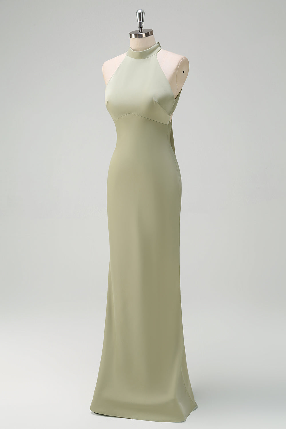 Elegant Sage Mermaid High Neck Satin Bridesmaid Dress