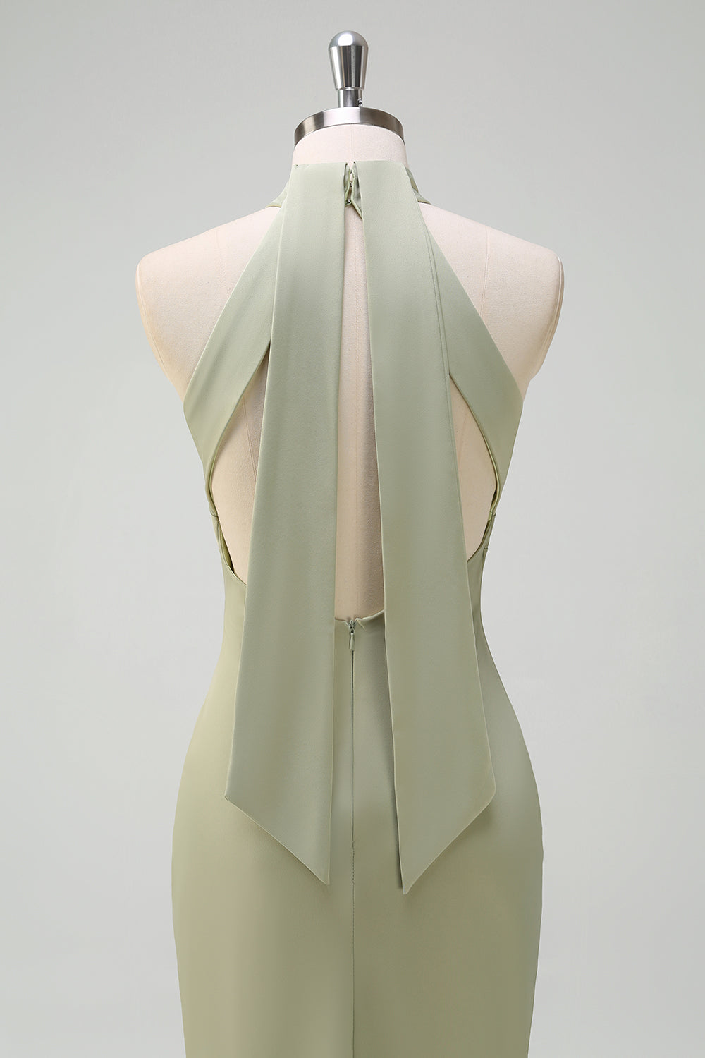 Elegant Sage Mermaid High Neck Satin Bridesmaid Dress